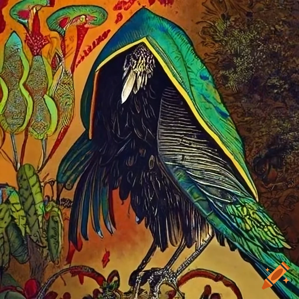 illustration of a mysterious Black Raven in a colorful cloak