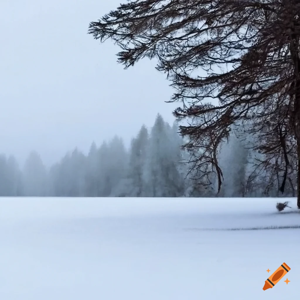 snowy pine toundra landscape with snow plain