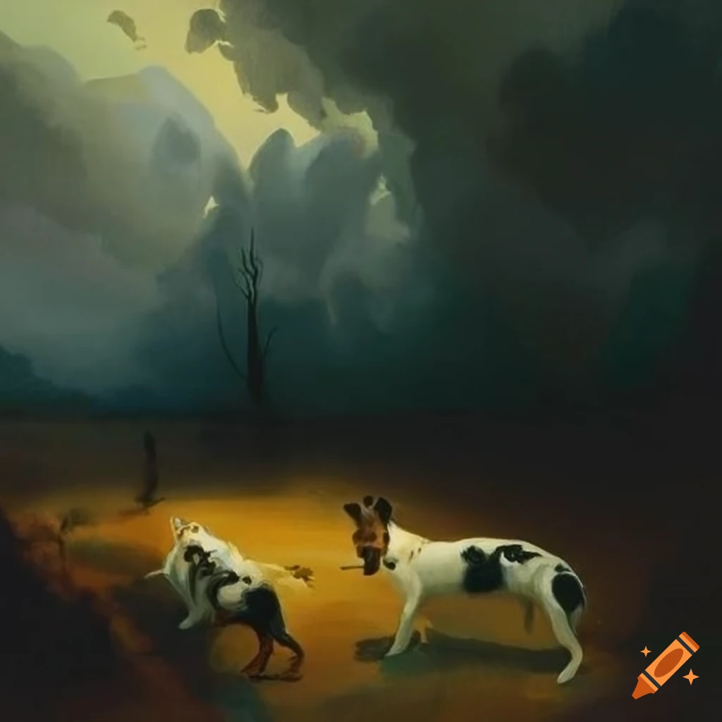 moody artwork of dogs in a stormy landscape