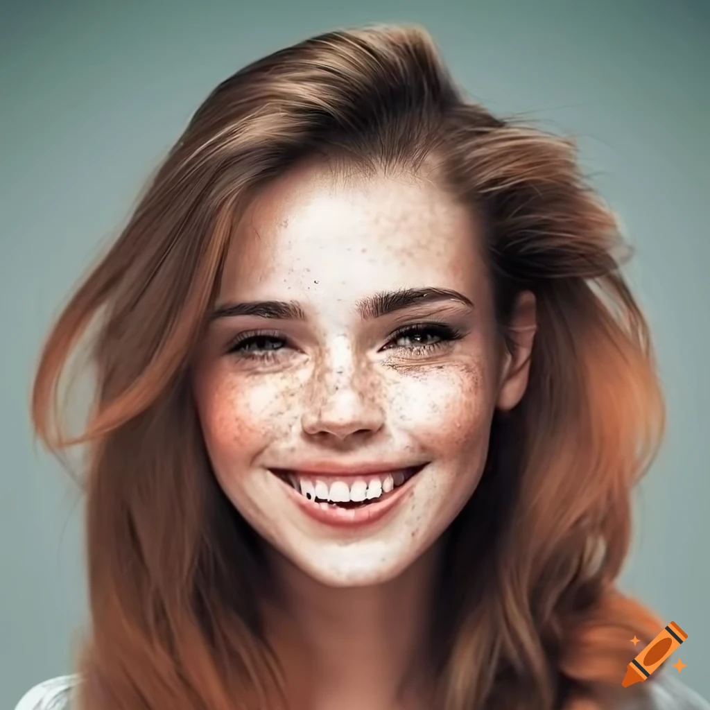Portrait of a beautiful young woman with freckles and brown hair on Craiyon