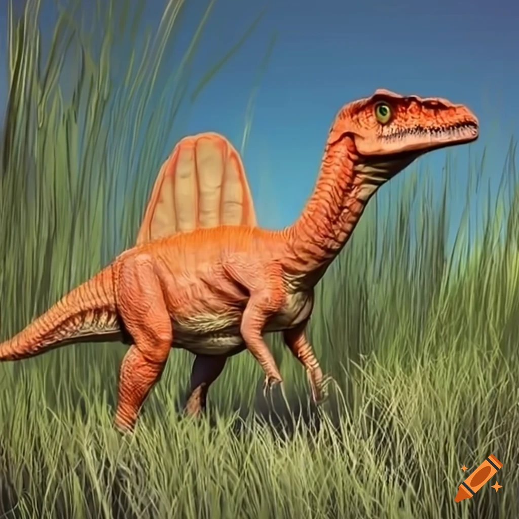 gigantic orange spinosaurus in tall grass