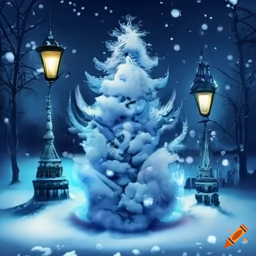 surreal snowy scene with sparkling lights in a magical park
