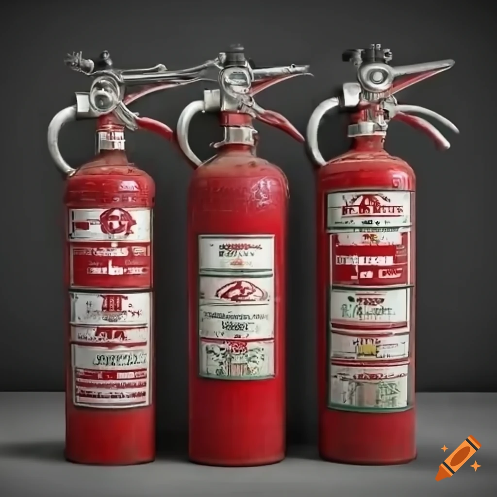 Photorealistic image of three old fire extinguishers