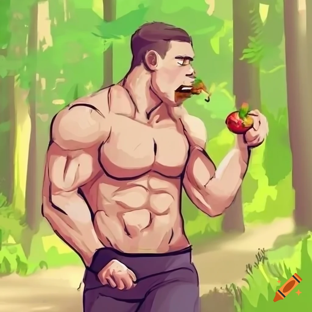 athletic bodybuilder enjoying nature and a healthy meal