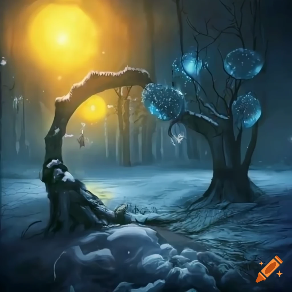 Illustration of a magical stone ring in a snowy forest on Craiyon