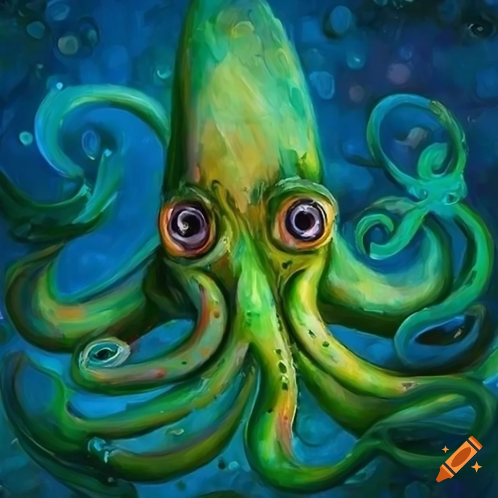 colorful impressionist artwork of a green squid