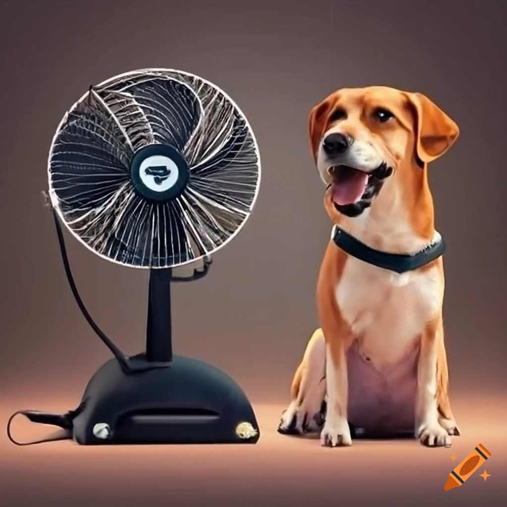Dog sitting beside an electrical fan on Craiyon