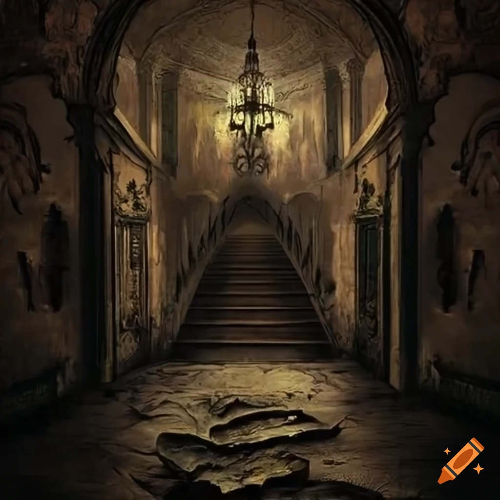 eerie interior of a mansion with cracked walls