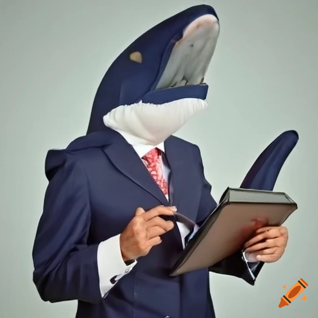 Humorous image of a shark in a lawyer's outfit on Craiyon
