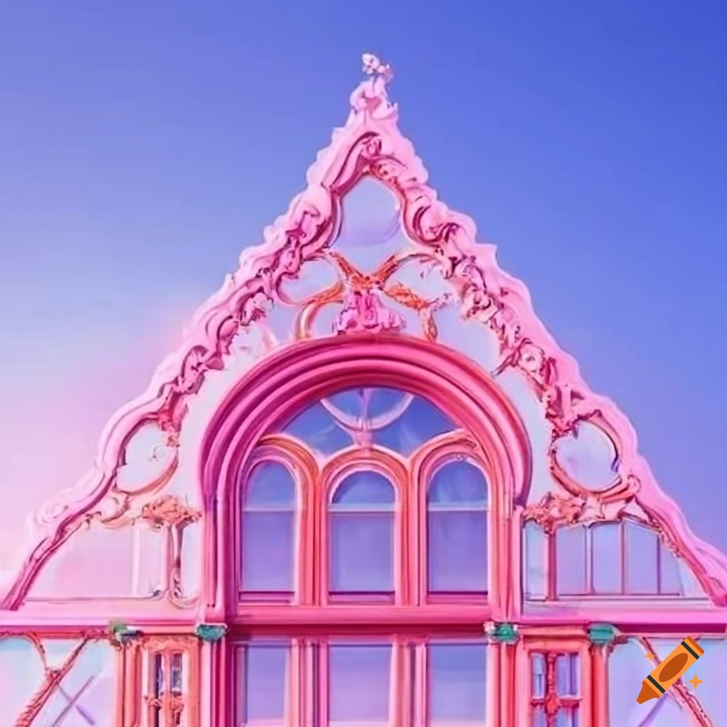 Pink paradise sky behind a rococo glass facade gable on Craiyon