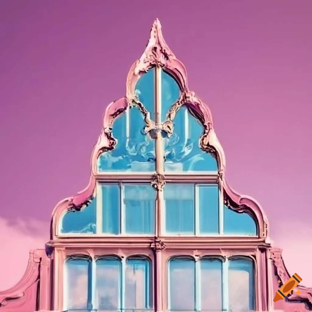 Rococo glass facade of a building against a pink sky on Craiyon