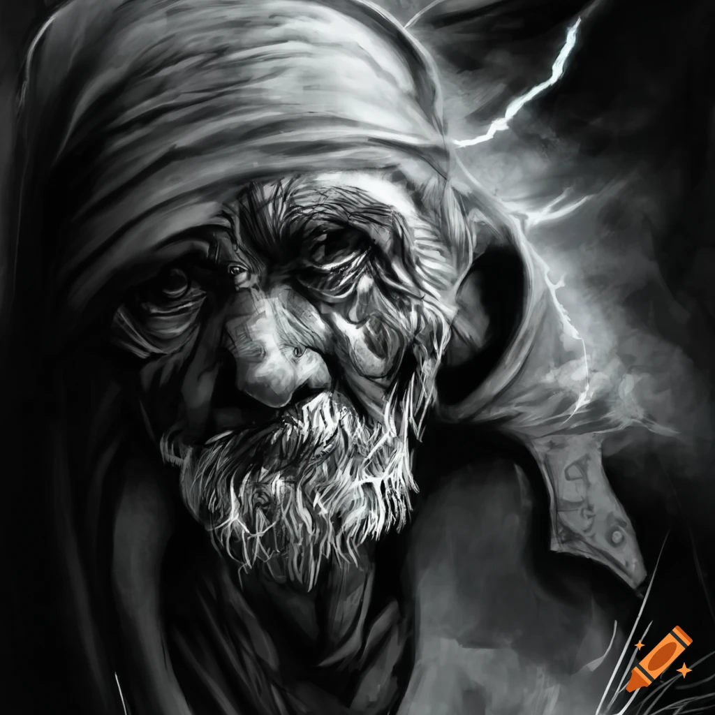 detailed pencil sketch of an old man in a storm
