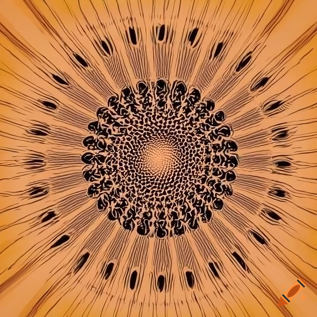 close-up of a spherical seed with concentric circles on orange background
