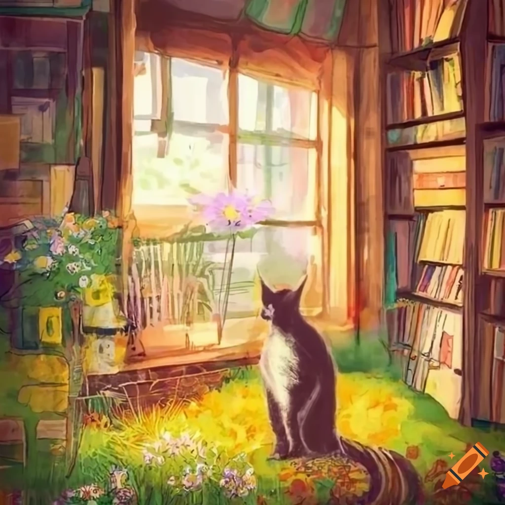 ink drawing of a bookstore surrounded by flowers