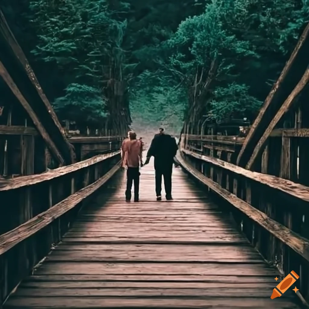 two men walking on a wooden bridge