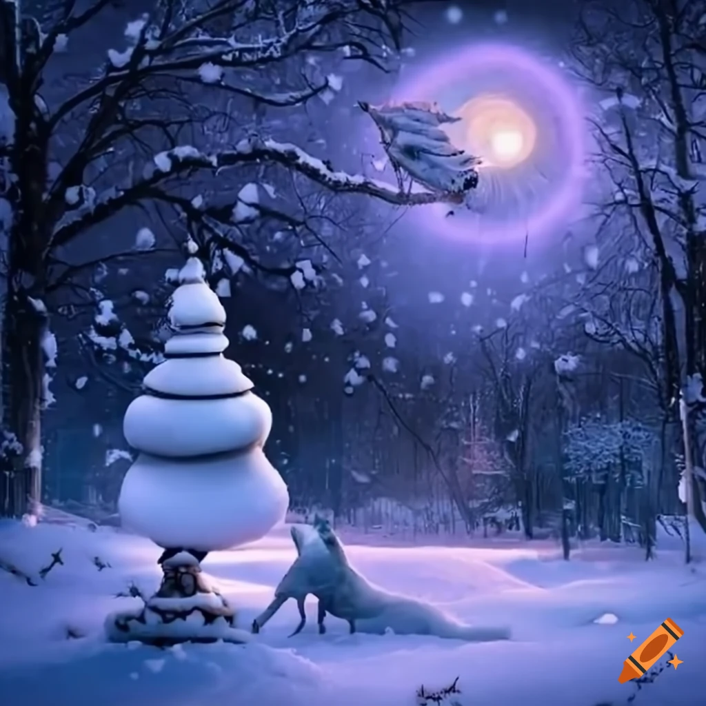 winter fantasy scene with sparking snow on a magical park
