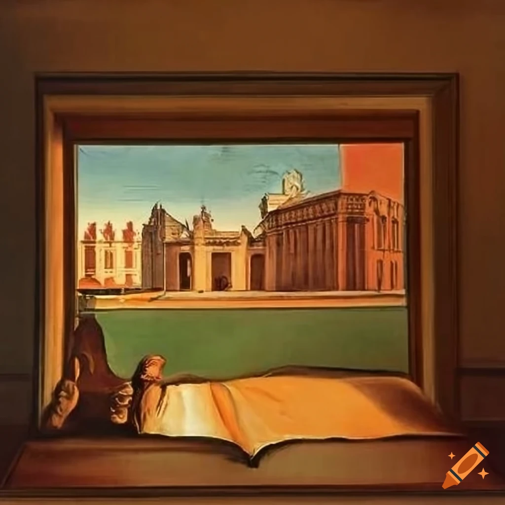 interior of a student's bedroom with a view of Oxford University by Giorgio de Chirico
