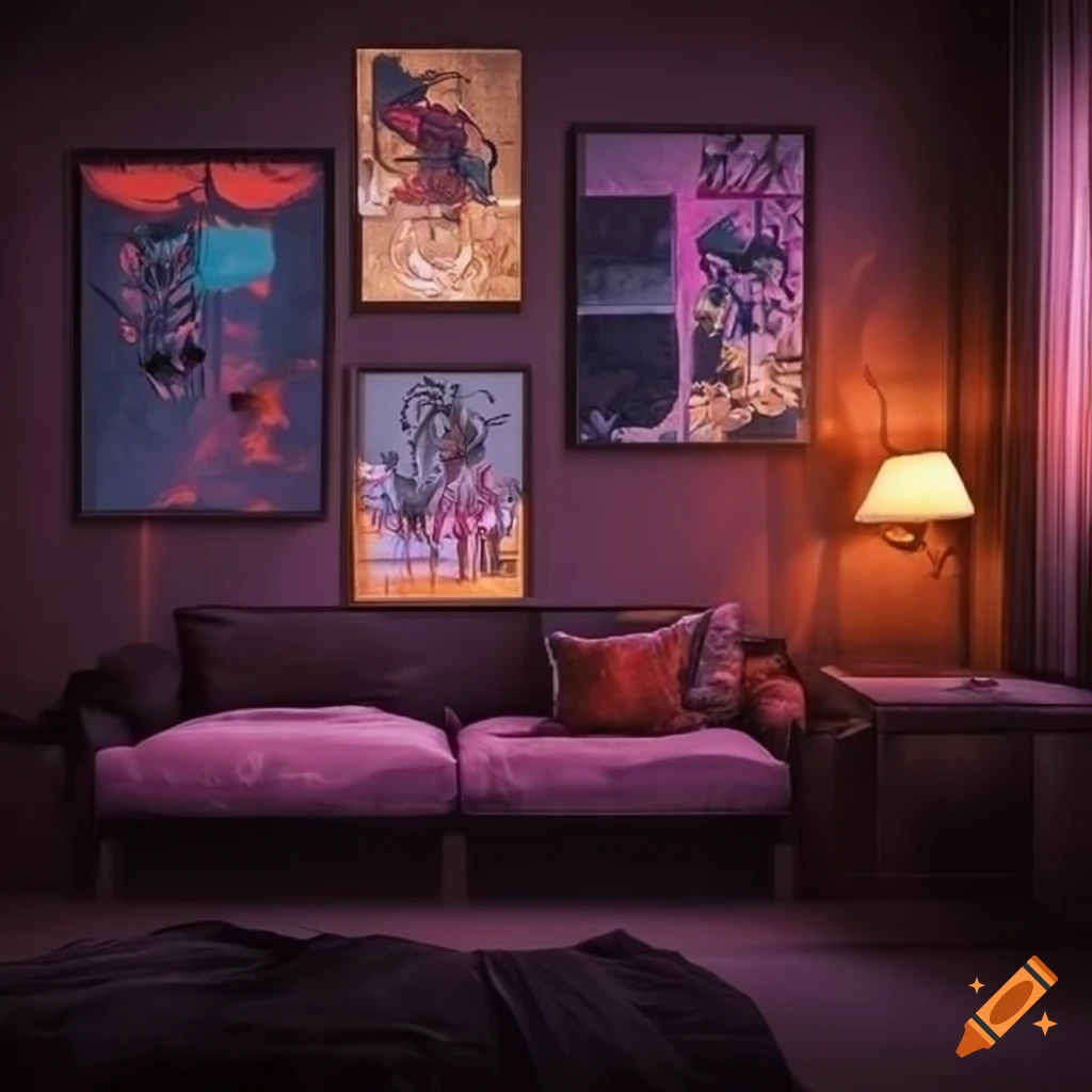 Cozy bedroom and living room combination with stunning paintings on Craiyon
