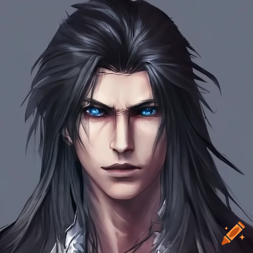 artwork of a handsome vampire with long black hair and blue eyes