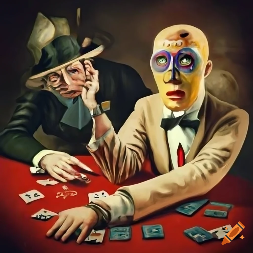 surrealist depiction of people in a casino with card tables