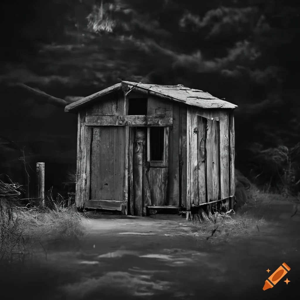 black and white photo of a large guard shack