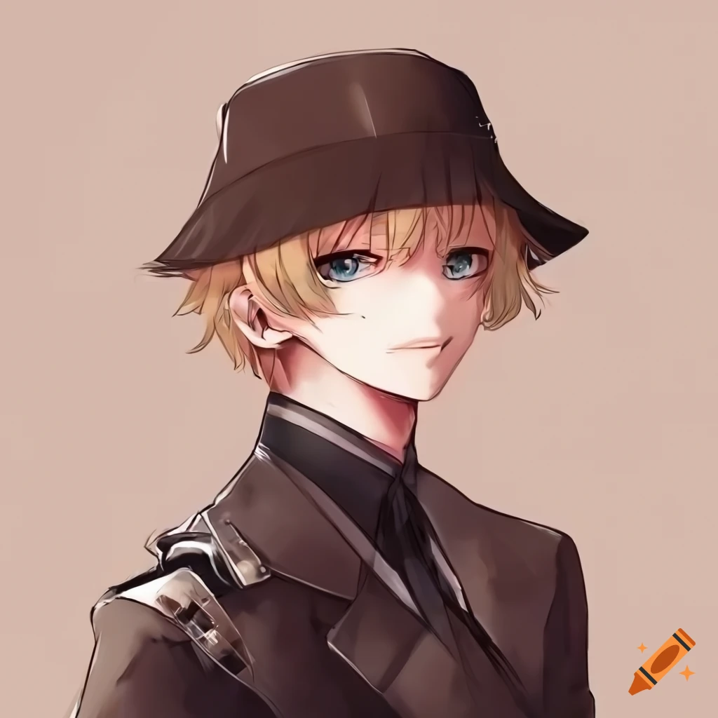 fashionable blonde anime boy wearing a bucket hat
