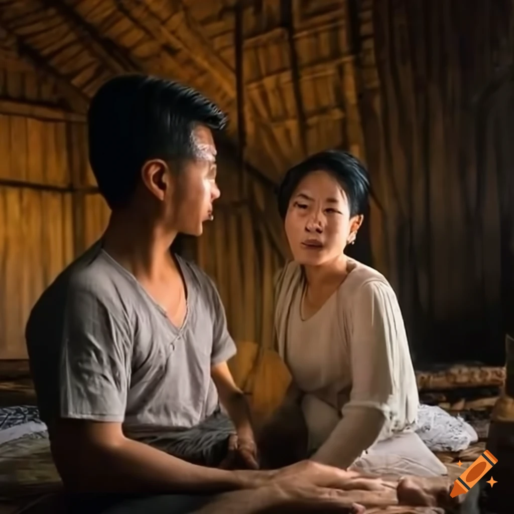 Couple having a conversation on a bamboo bed in vietnam on Craiyon