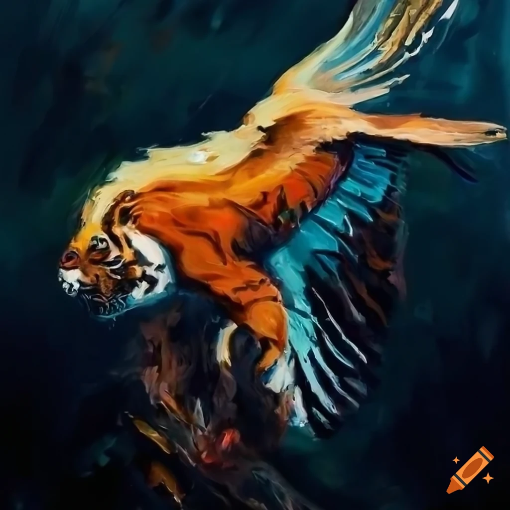 Palette knife painting of a flying humanoid tiger with a thunderbird