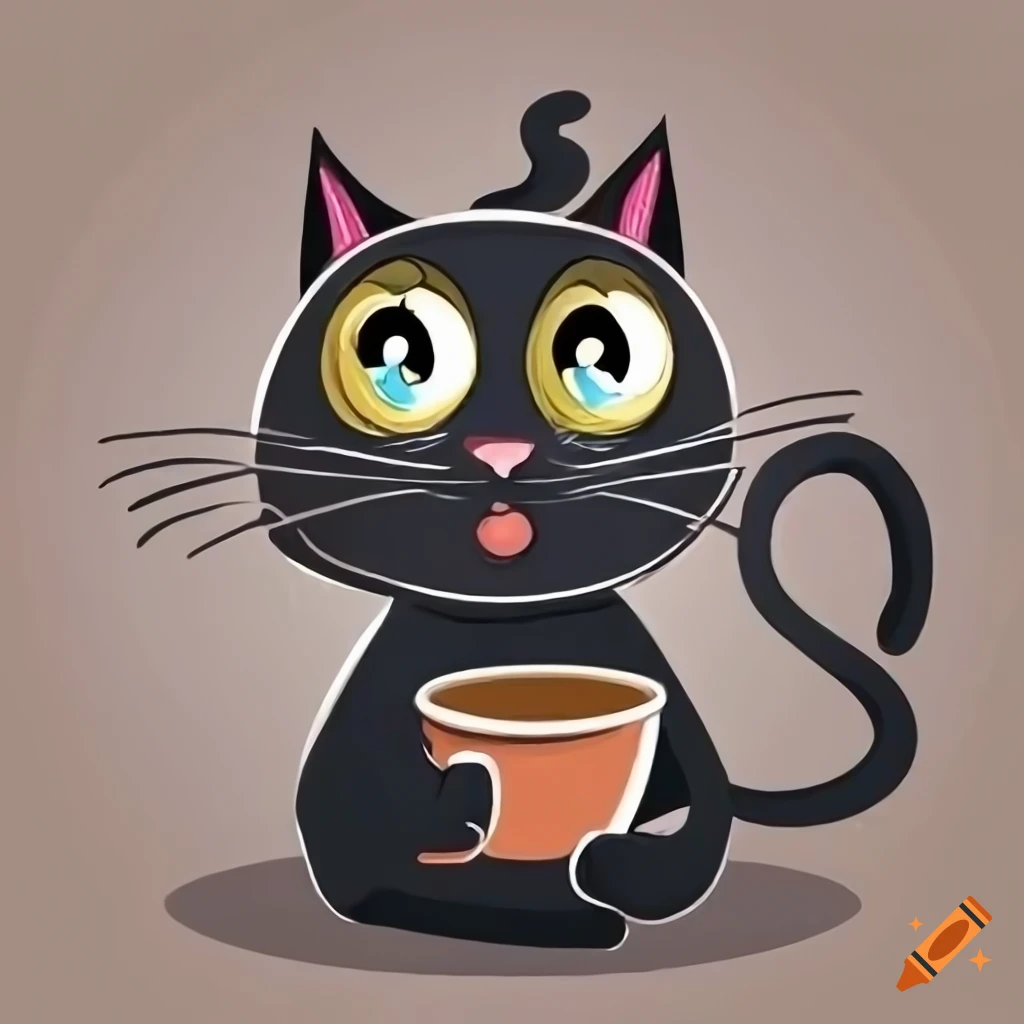 Cartoon art of a black cat having coffee on Craiyon