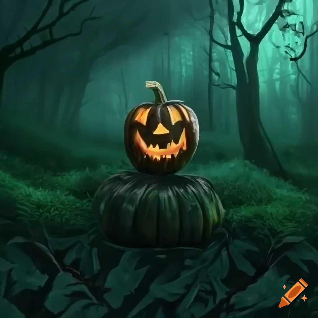 detailed and realistic halloween pumpkin on a misty forest book cover