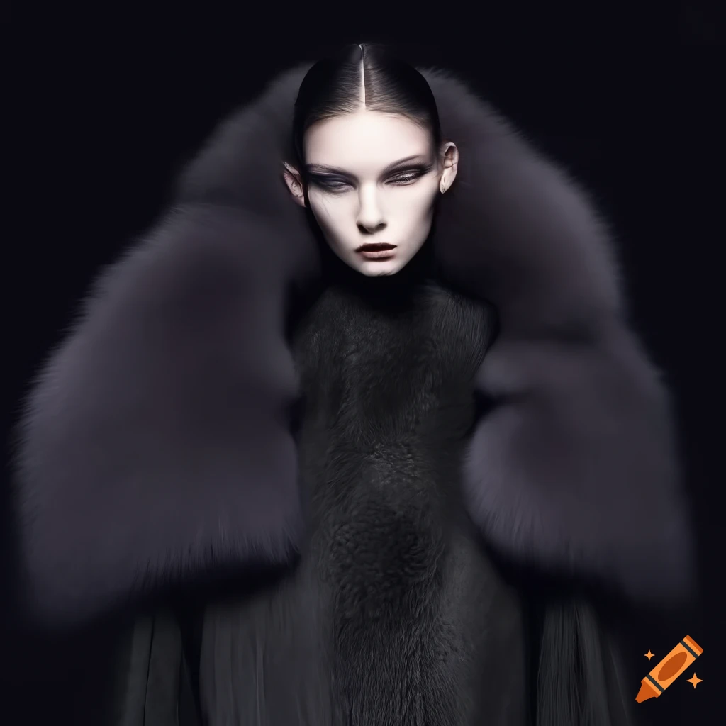 Fashion photography of a model in balenciaga fur coat