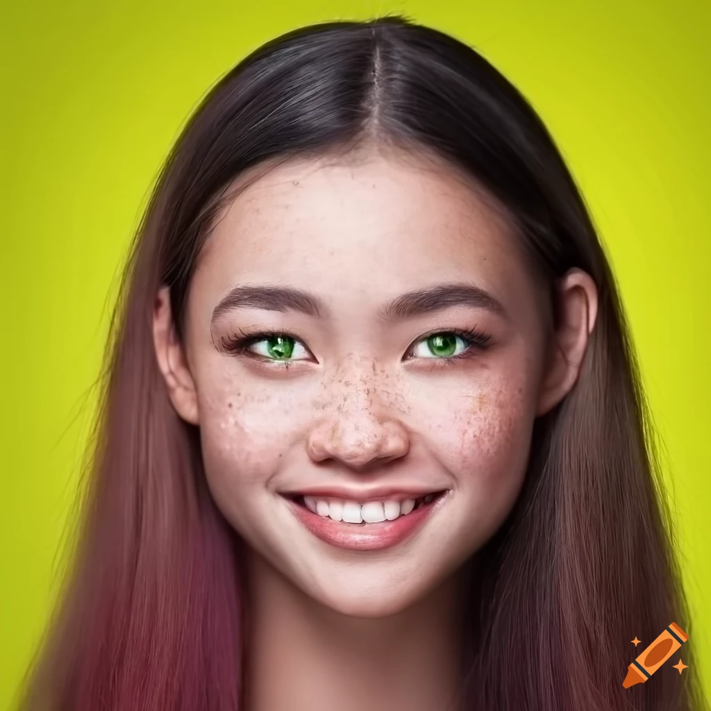 portrait of a beautiful young woman with freckles and green eyes