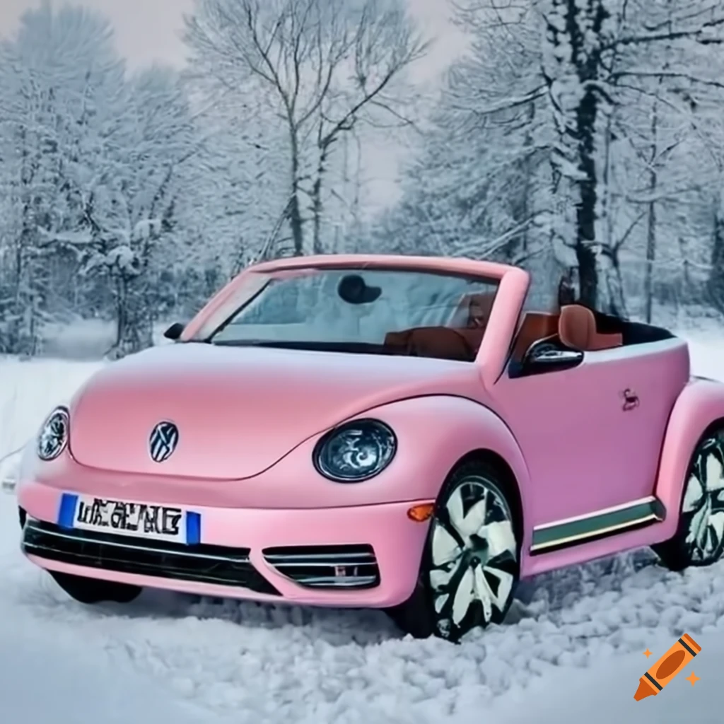 Pink volkswagen new beetle convertible car in winter on Craiyon