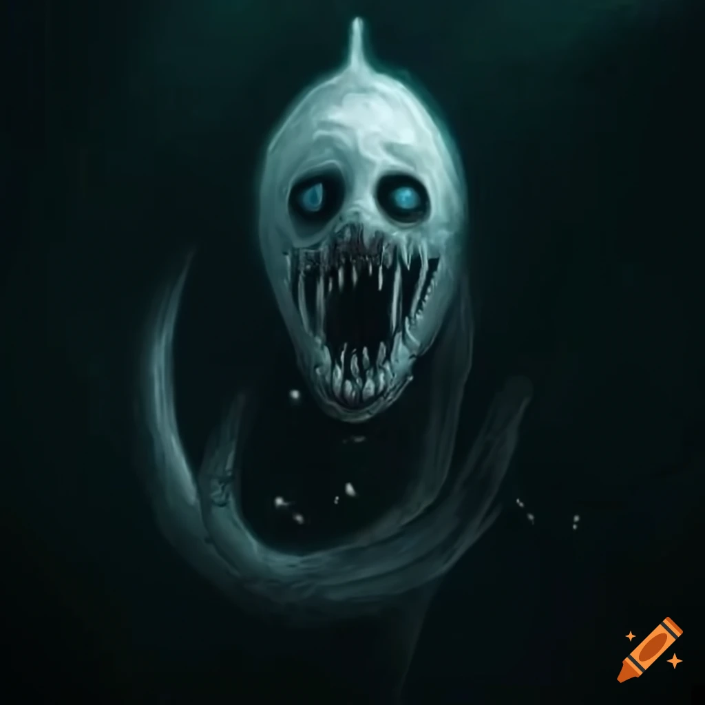 creepy drawing of a white monster in the abyss