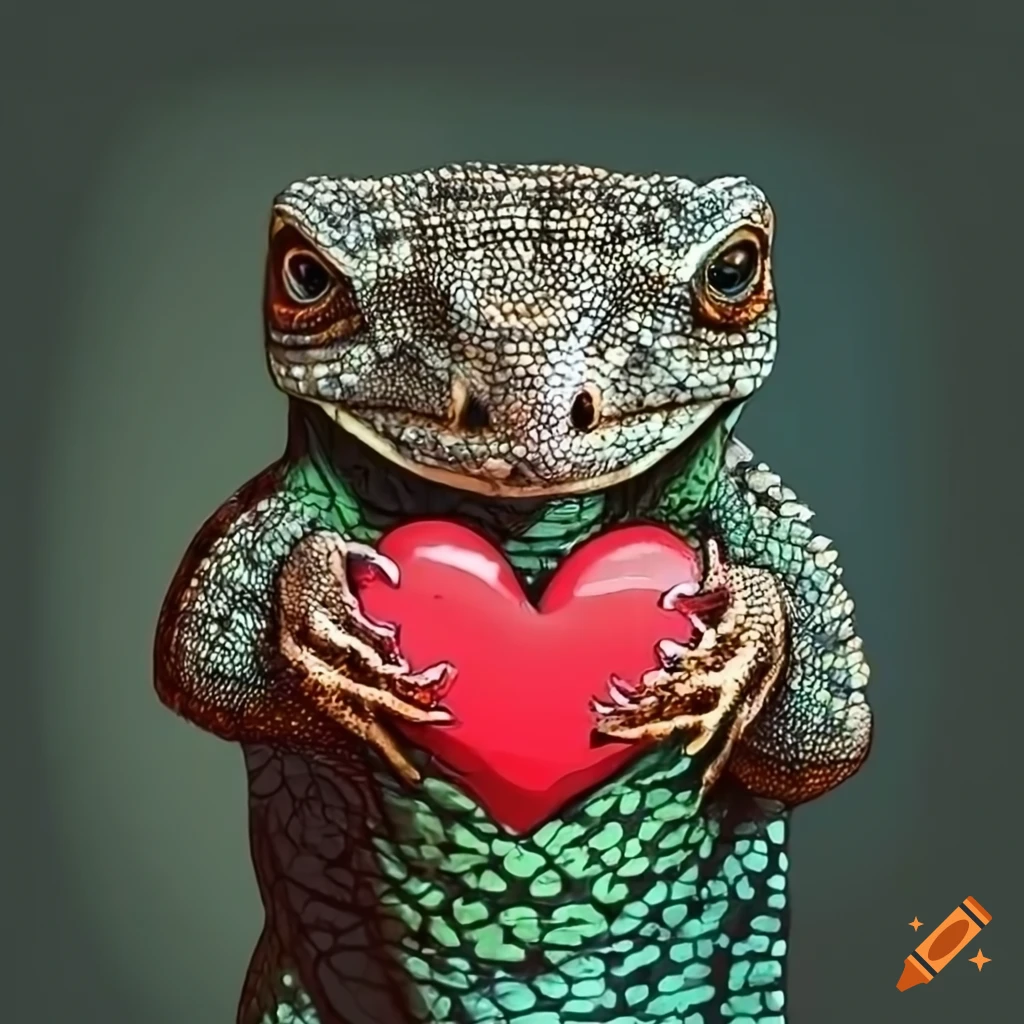 Illustration of a monitor lizard holding a heart on craiyon