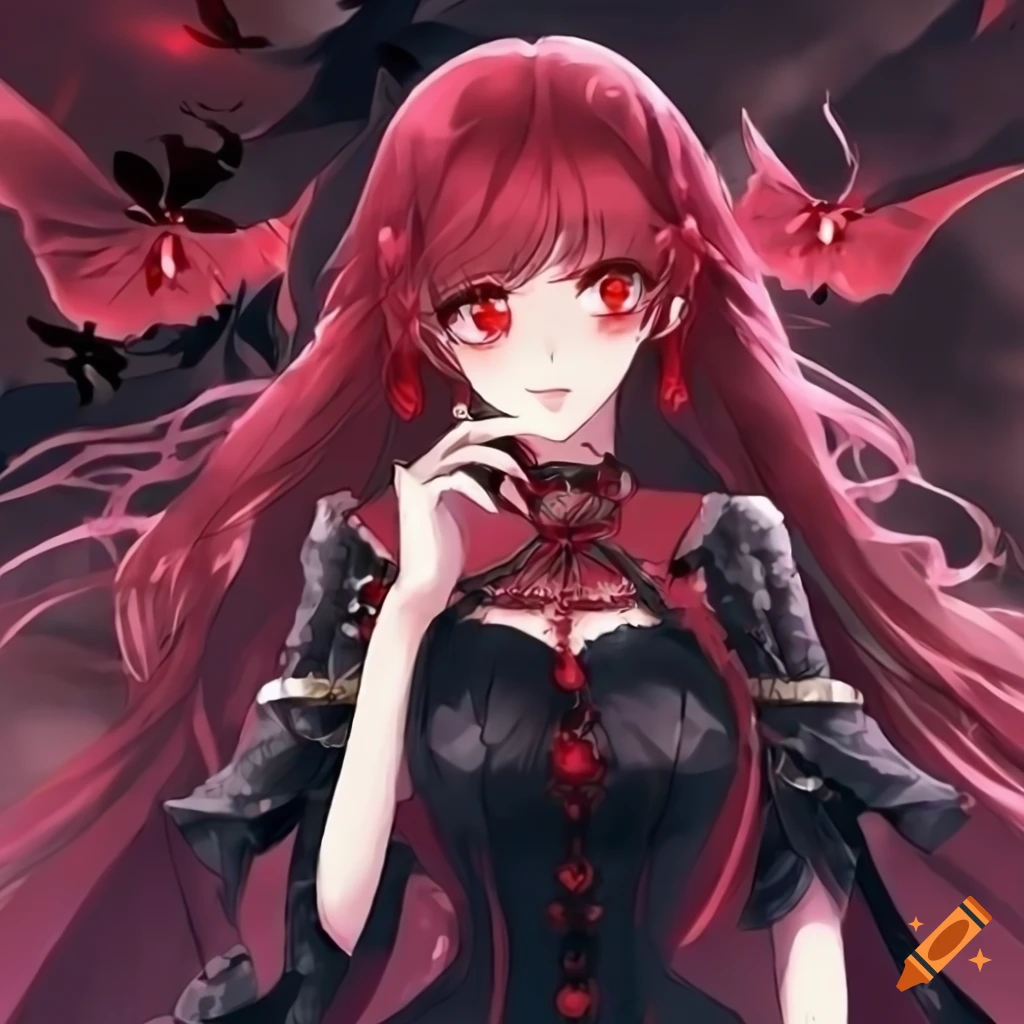 anime character with red eyes and black dress