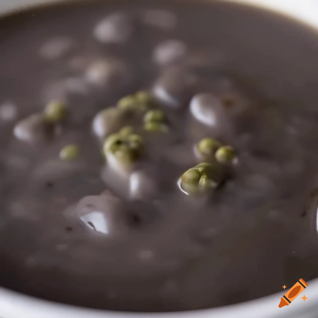 hot bowl of pureed black soup with green peas