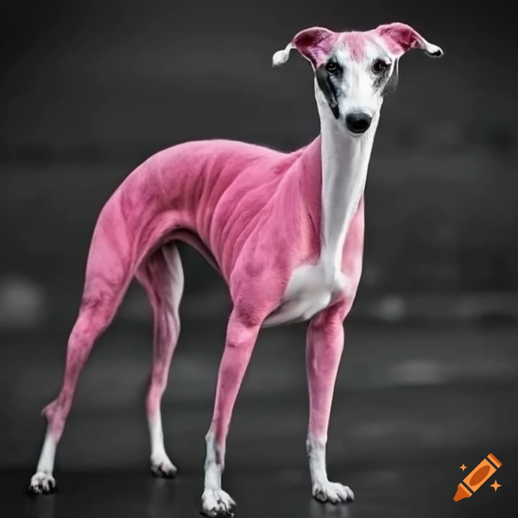 Pink whippet with black tiger stripes