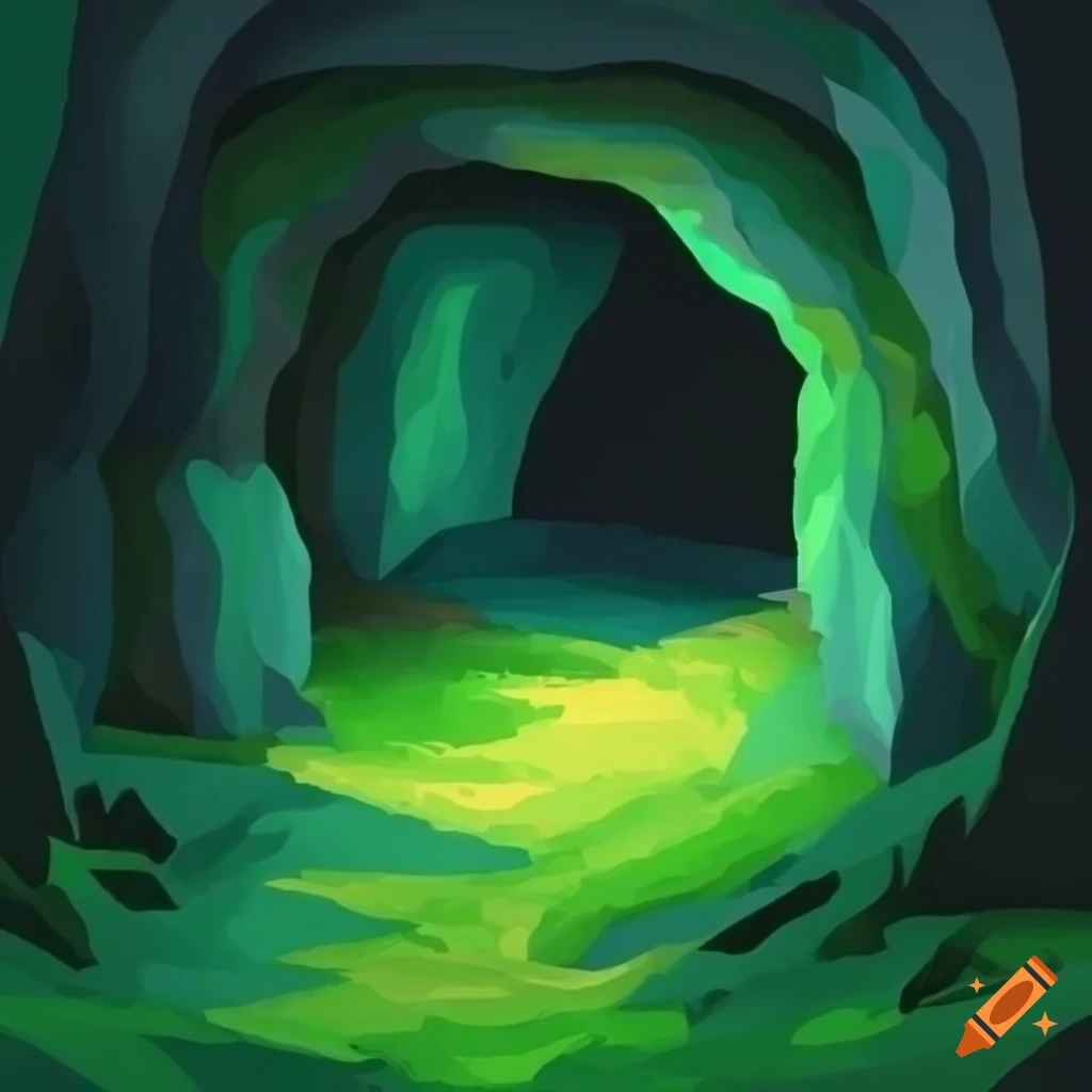 isometric art of a dark cave with green grassy patch