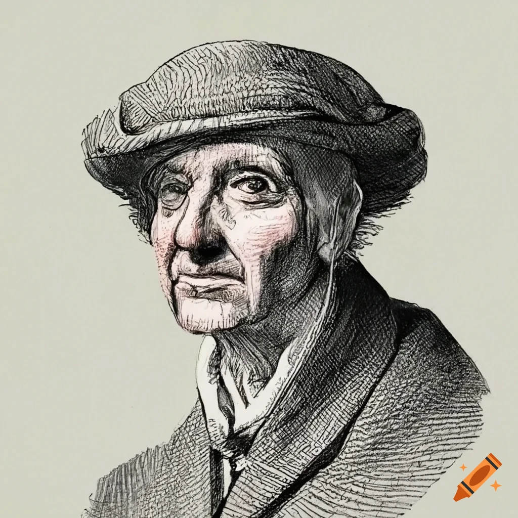 detailed sketch of an elderly man with a British accent