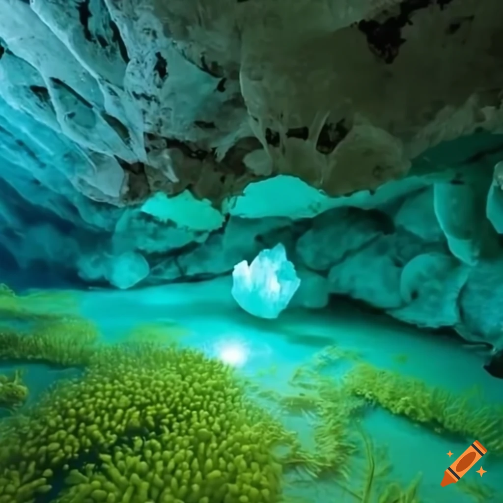 Glowing crystal cave with seafoam green seagrass on Craiyon