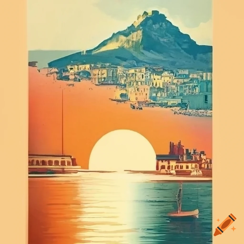 Retro travel poster print of napoli on Craiyon