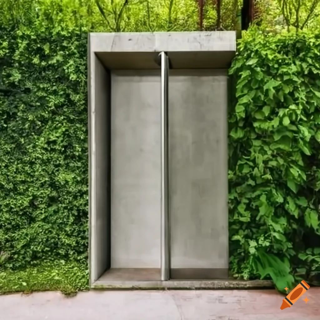 Outdoor concrete cubicle showers surrounded by greenery on Craiyon
