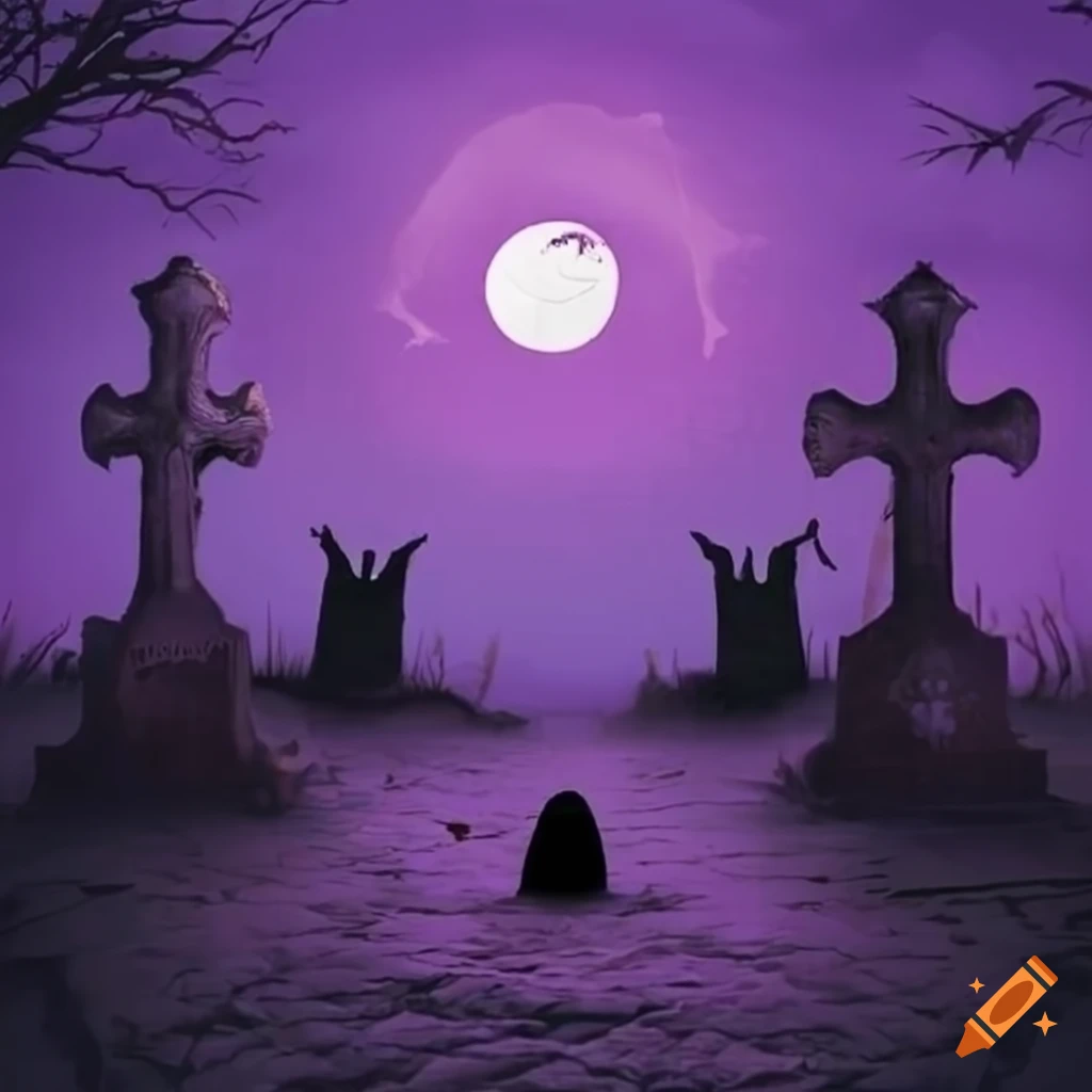 Halloween graveyard under a purple sky on Craiyon