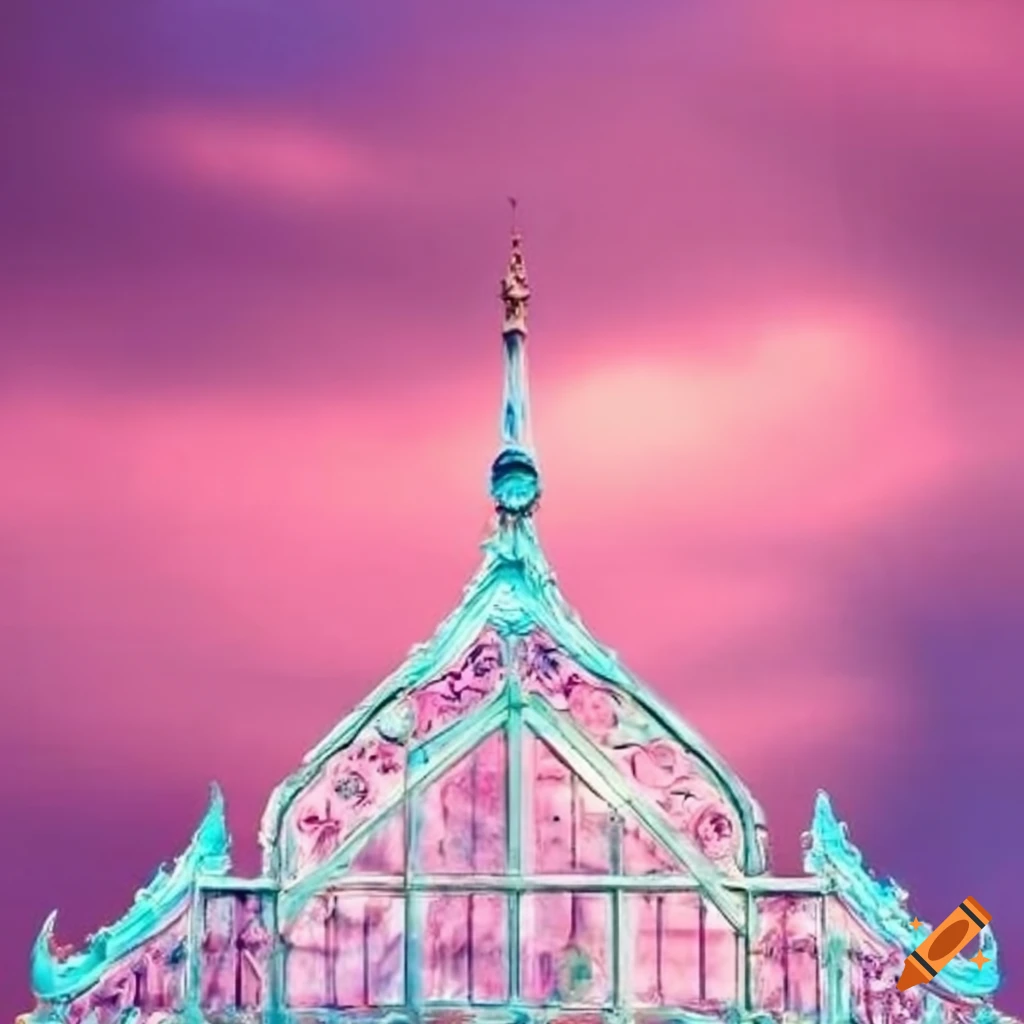 Rococo glass facade with a pink sky on Craiyon
