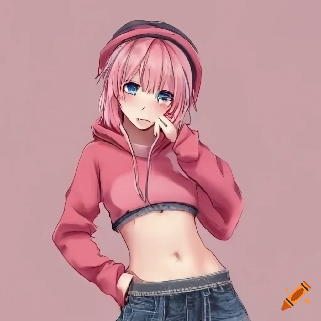 Anime girl with long hair in crop top hoodie on Craiyon