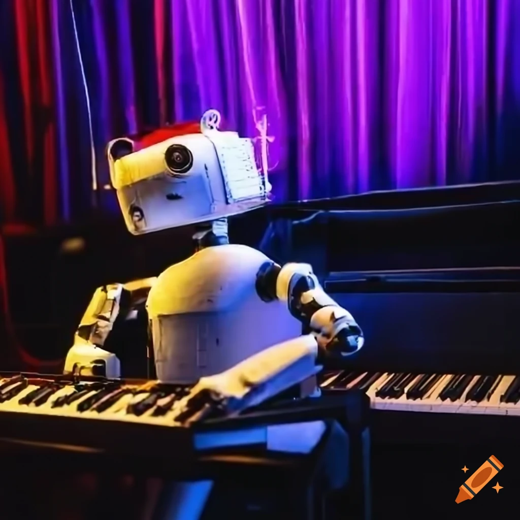 colorful dancing robot playing keyboard on stage