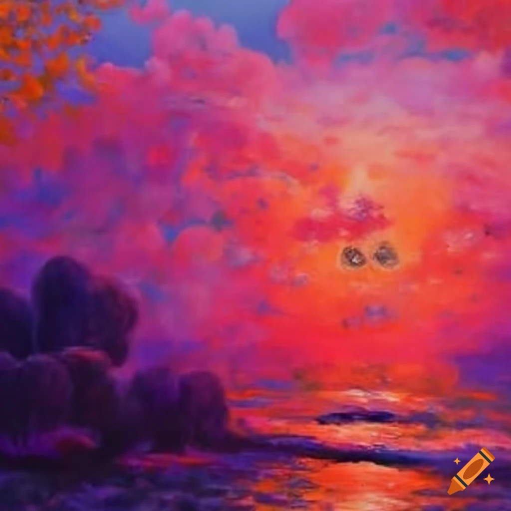 Monet-inspired pink sky landscape