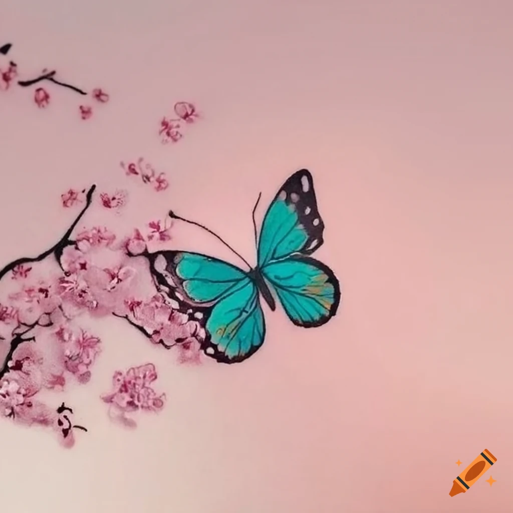 Delicate turquoise butterfly tattoo with cherry blossoms on Craiyon