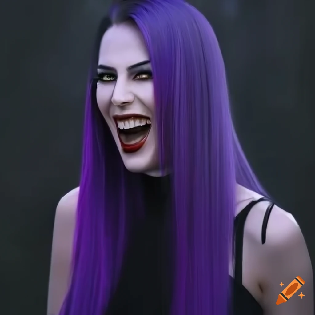 Portrait of a stunning laughing vampire woman with purple hair on Craiyon